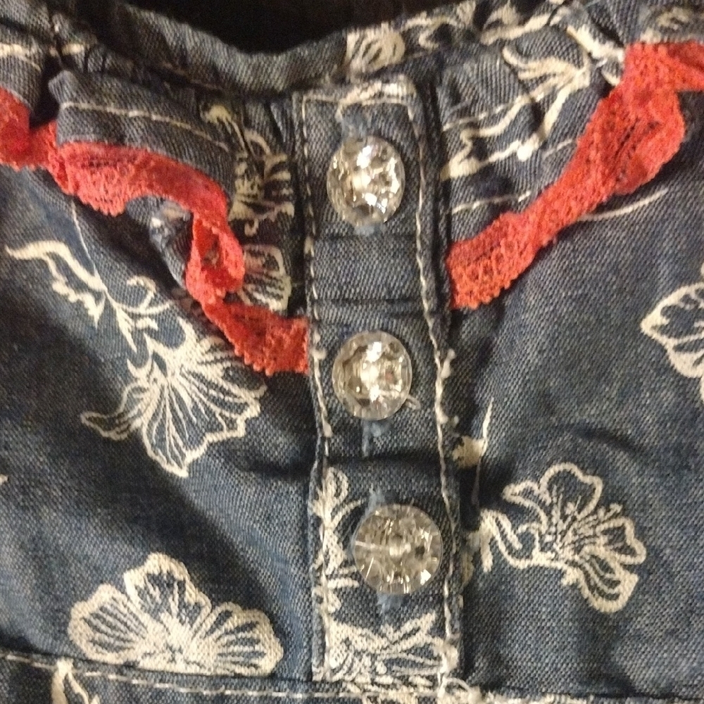 Denim Floral Sundress with Pink Lace Trim - Picture 3 of 8